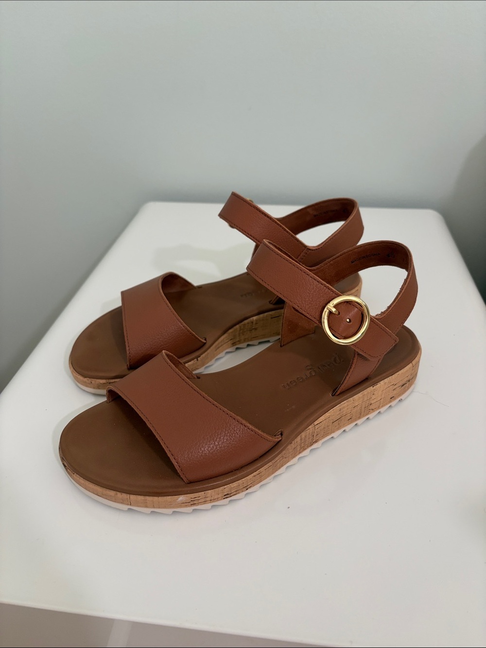 EUC PAUL GREEN Tippi Ankle Strap Platform Wedge Sandal In Cognac Leather Size 7 - Picture 3 of 6